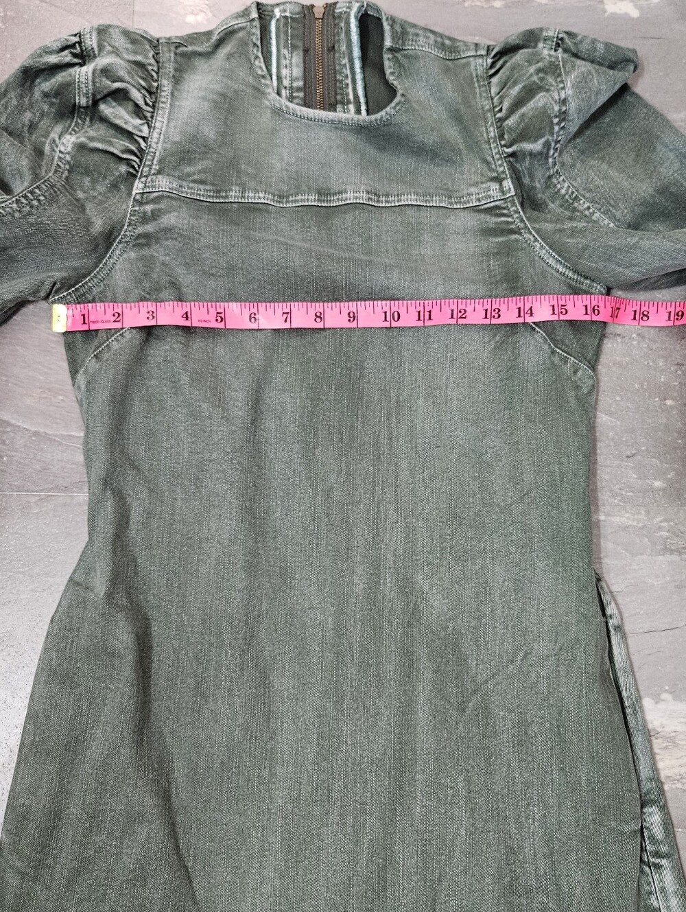 Ulla Johnson Washed Sage Green 3/4 Sleeve Denim Mini Dress with Lace-Up Cuffs - Picture 8 of 10